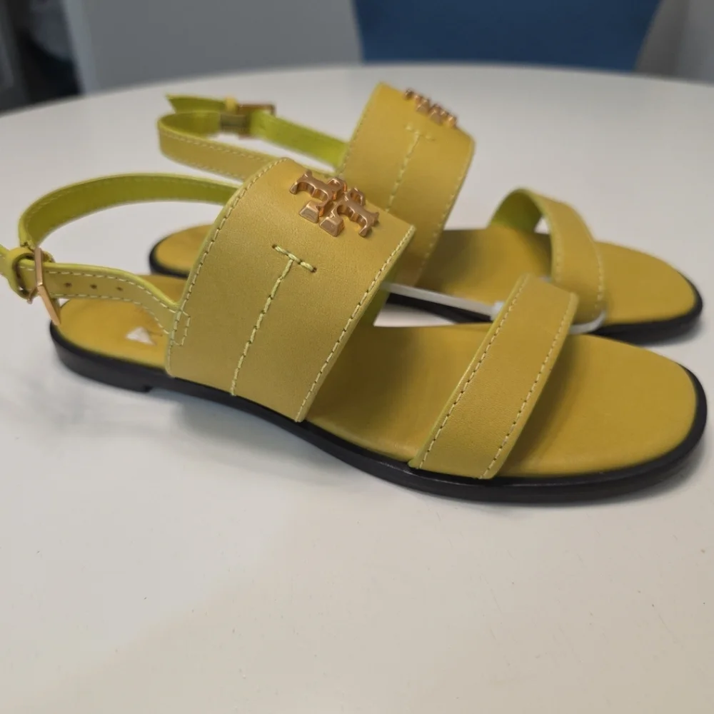 TORY BURCH Everly Double Strap Leather Flat Sandals in Island Chartreuse Size 5